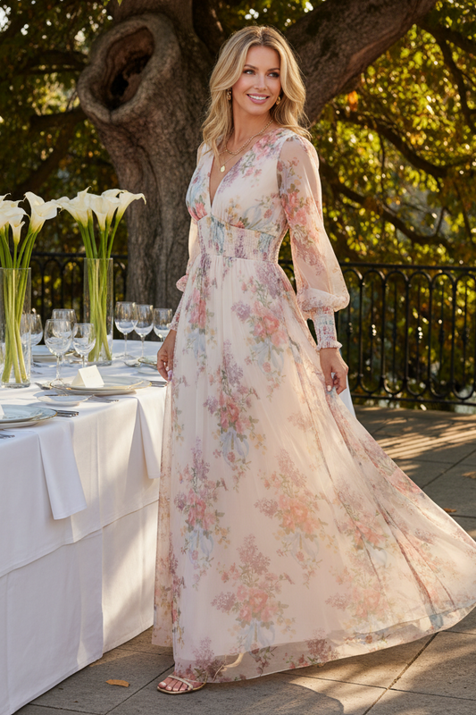 Floral Print Long Sleeve Empire Waist Maxi Dress
