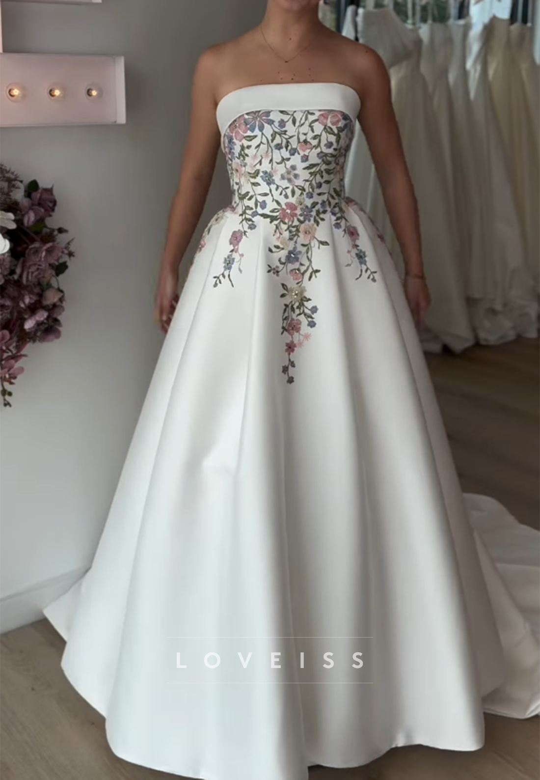 Strapless Floral Embroidered Ball Gown