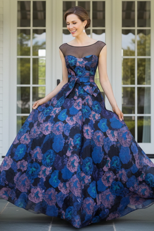 Floral Jacquard A-Line Evening Gown with Pockets