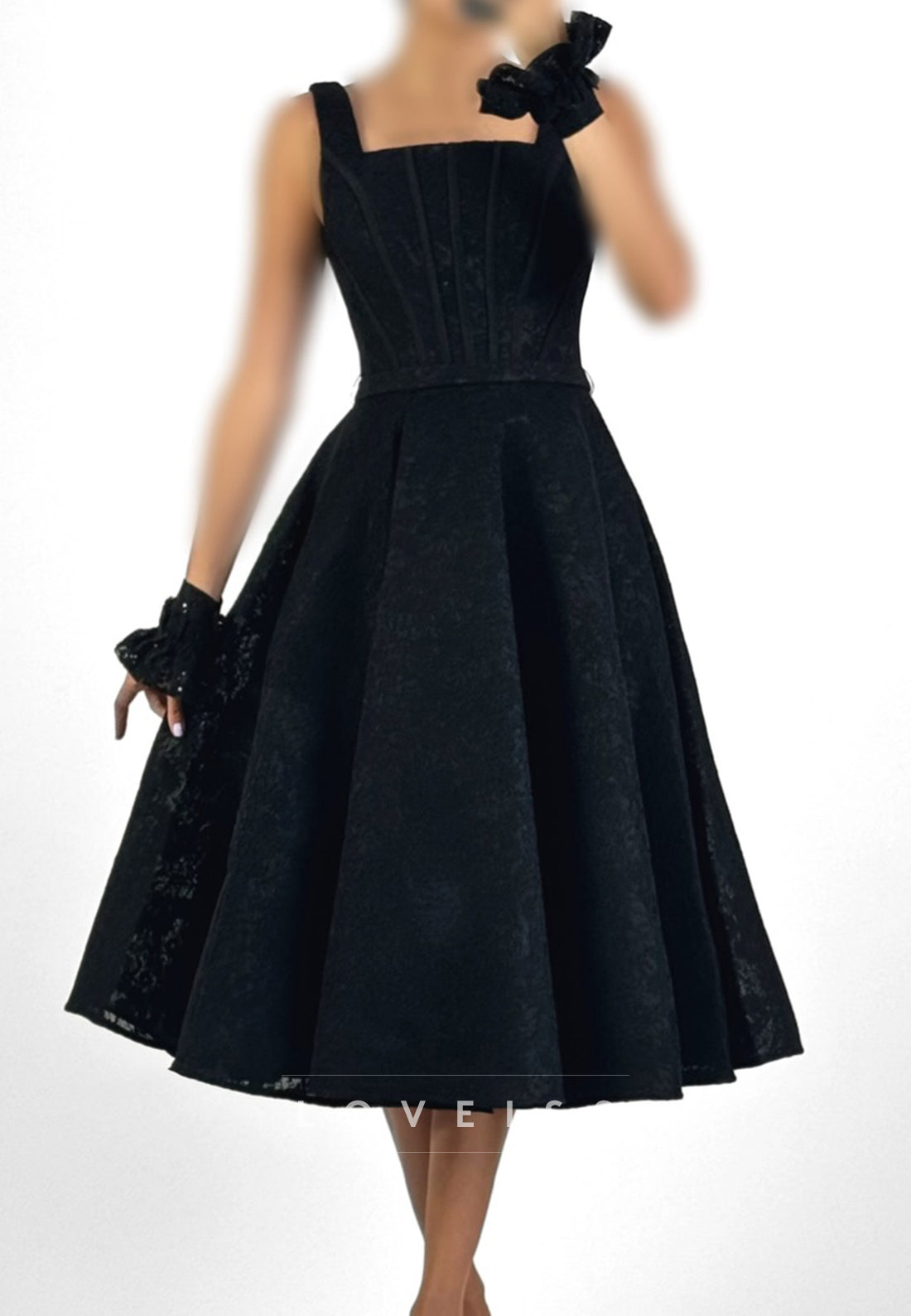 Square Neck Corset Lace Midi A-Line Dress
