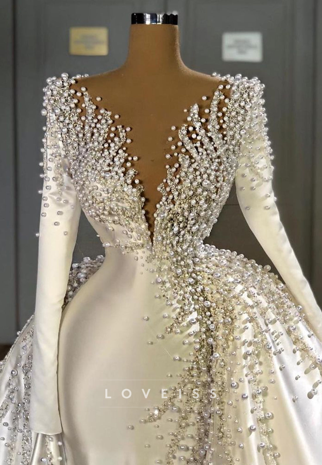 Pearl Beaded Mermaid Wedding Gown with Overskirt