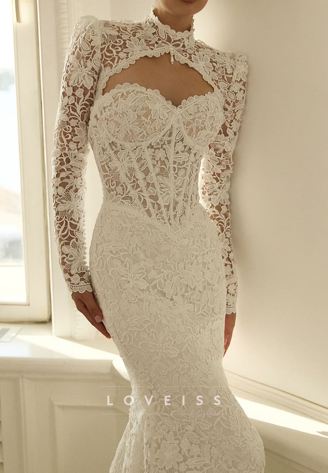 High Neck Lace Mermaid Wedding Dress with Cutout