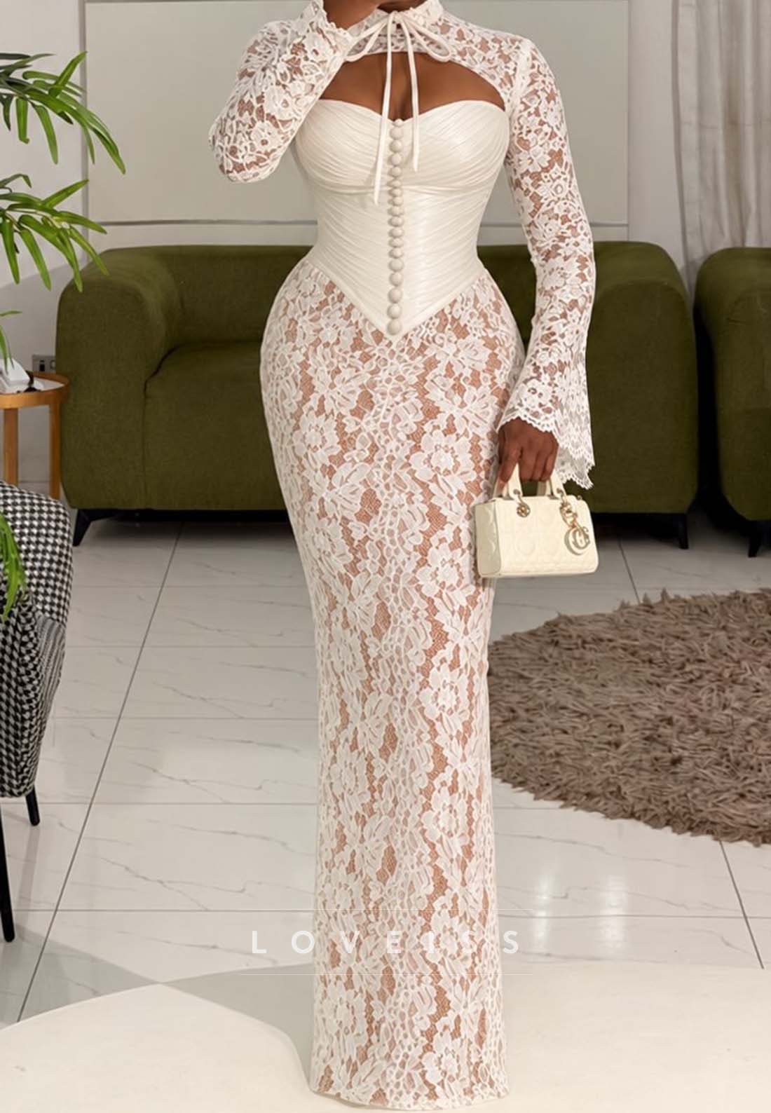 Lace Maxi Dress with Corset Bodice and Cutout