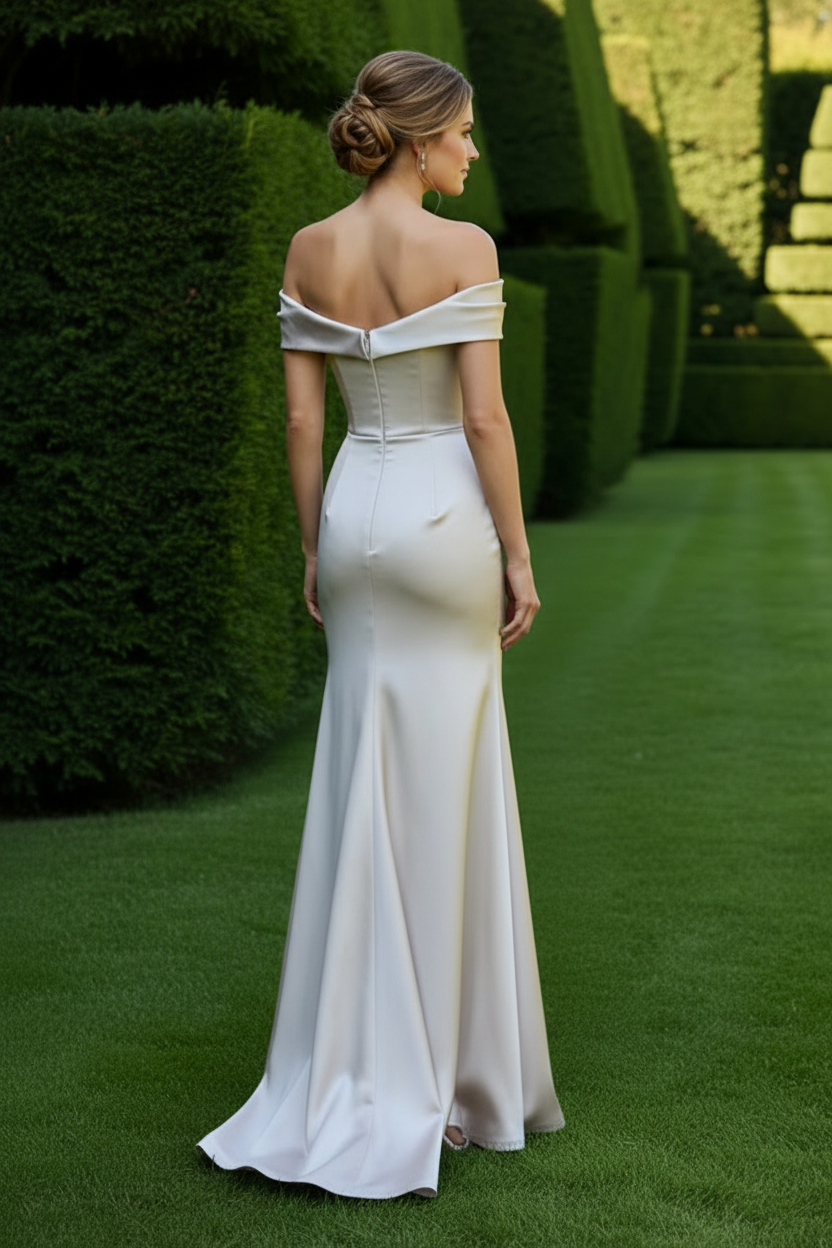 Off-the-Shoulder Ruched Satin Gown with Corset Back