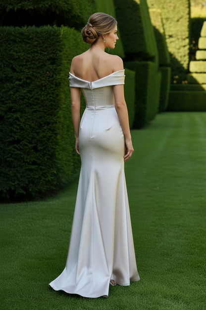 Off-the-Shoulder Ruched Satin Gown with Corset Back