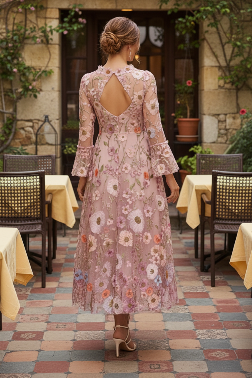 3D Floral Embroidered Midi Dress with Bell Sleeves