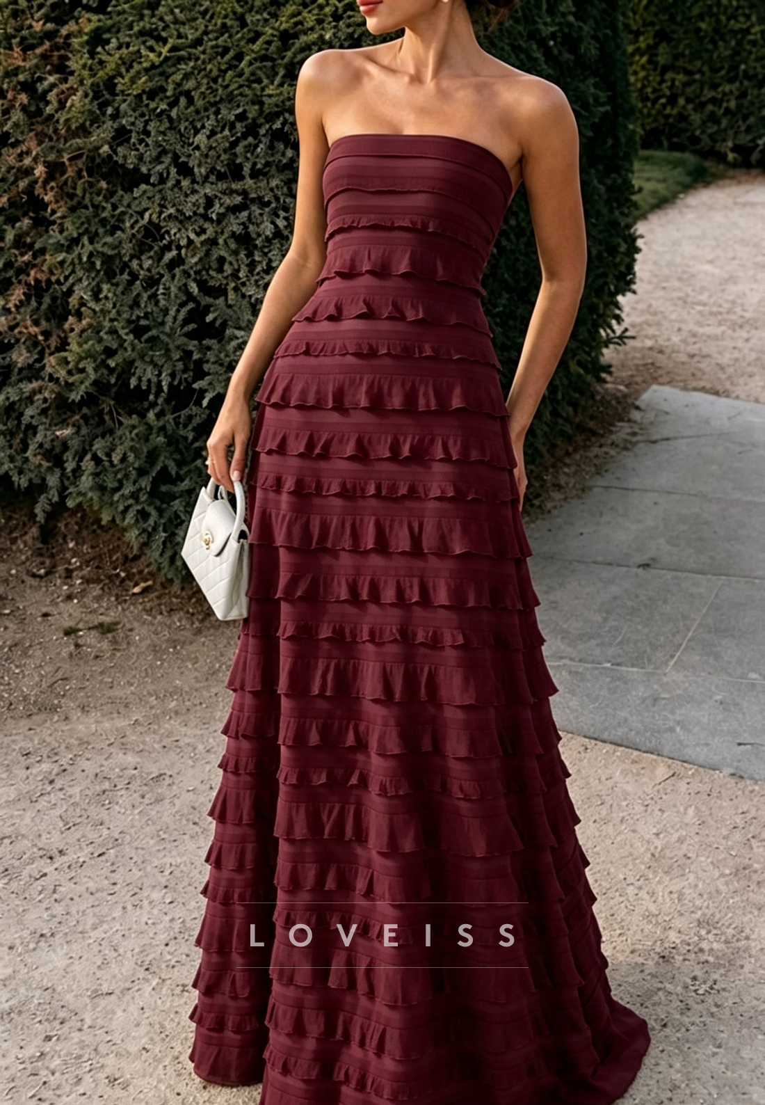 Strapless Tiered Ruffled Maxi Evening Gown