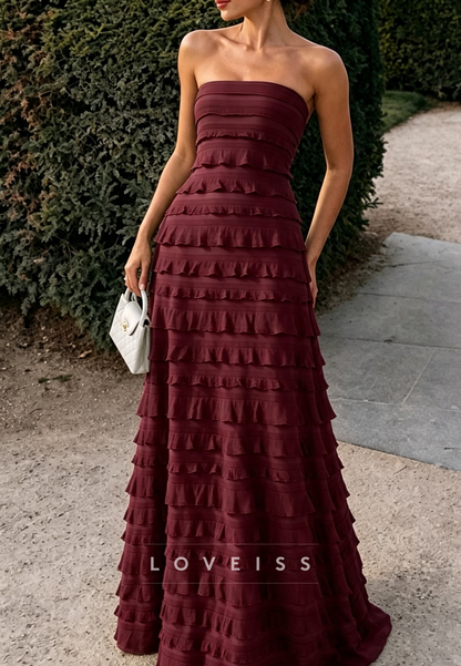 Strapless Tiered Ruffled Maxi Evening Gown
