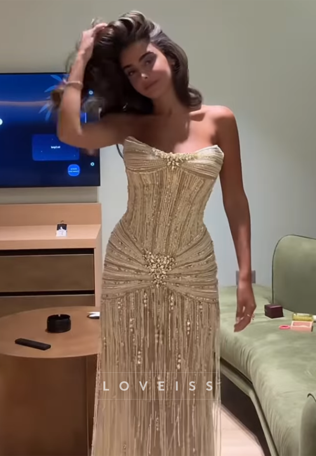 Strapless Beaded Fringe Floor-Length Evening Gown