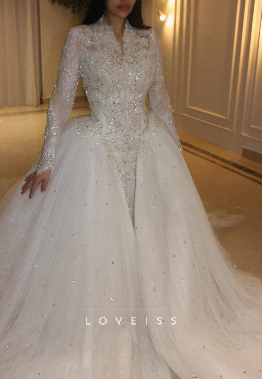 High-Neck Beaded Lace Long-Sleeve Tulle Wedding Gown