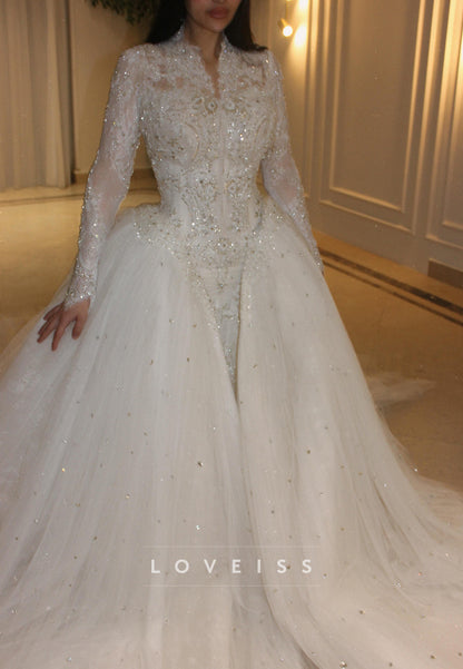 High-Neck Beaded Lace Long-Sleeve Tulle Wedding Gown