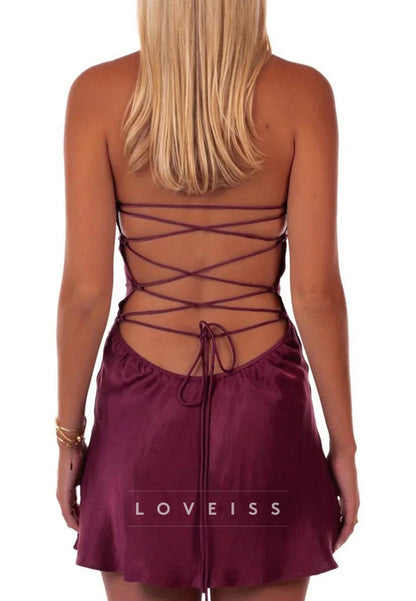 Halter Sequin Bust Backless Satin Mini Dress