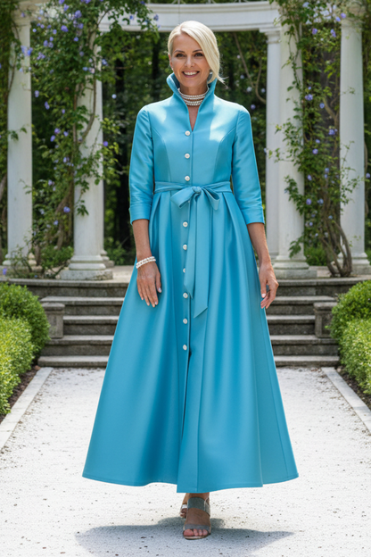 High Collar Button Front Maxi Dress with Tie Waist