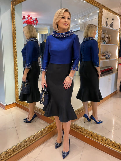 Beaded Rolled Collar Peplum Dress with 3/4 Sleeves