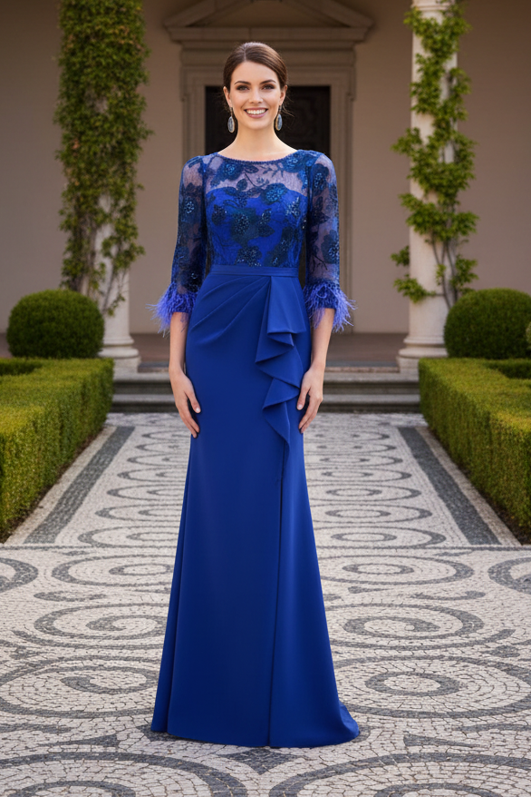 Embroidered Illusion Evening Gown with Feather Cuffs
