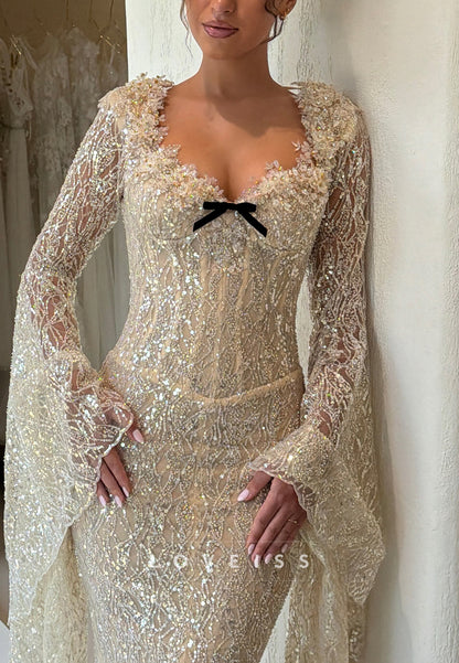 Sequin Lace Mermaid Gown with Split Cape Sleeves