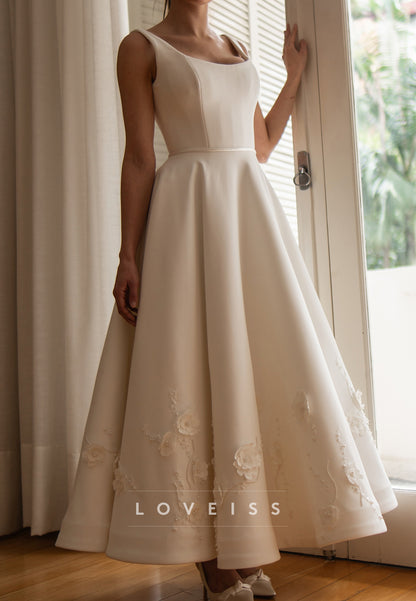 Satin A-Line Wedding Dress with 3D Floral & Pearl Hem