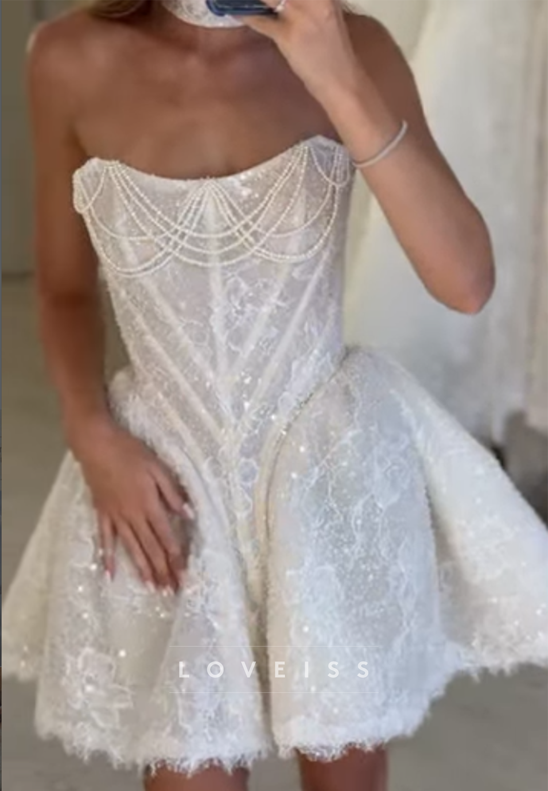 Strapless Corset Lace Mini Dress with Pearls