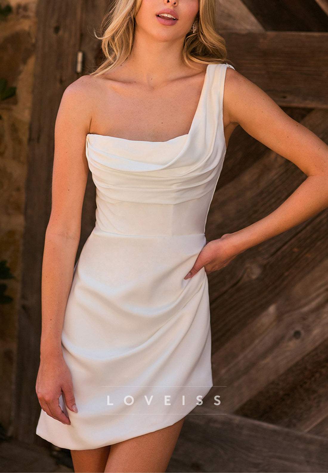 One-Shoulder Pearl Mini Dress with Side Train
