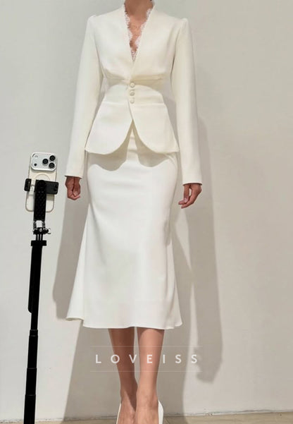 Peplum Jacket and Midi Skirt Set with Lace Trim