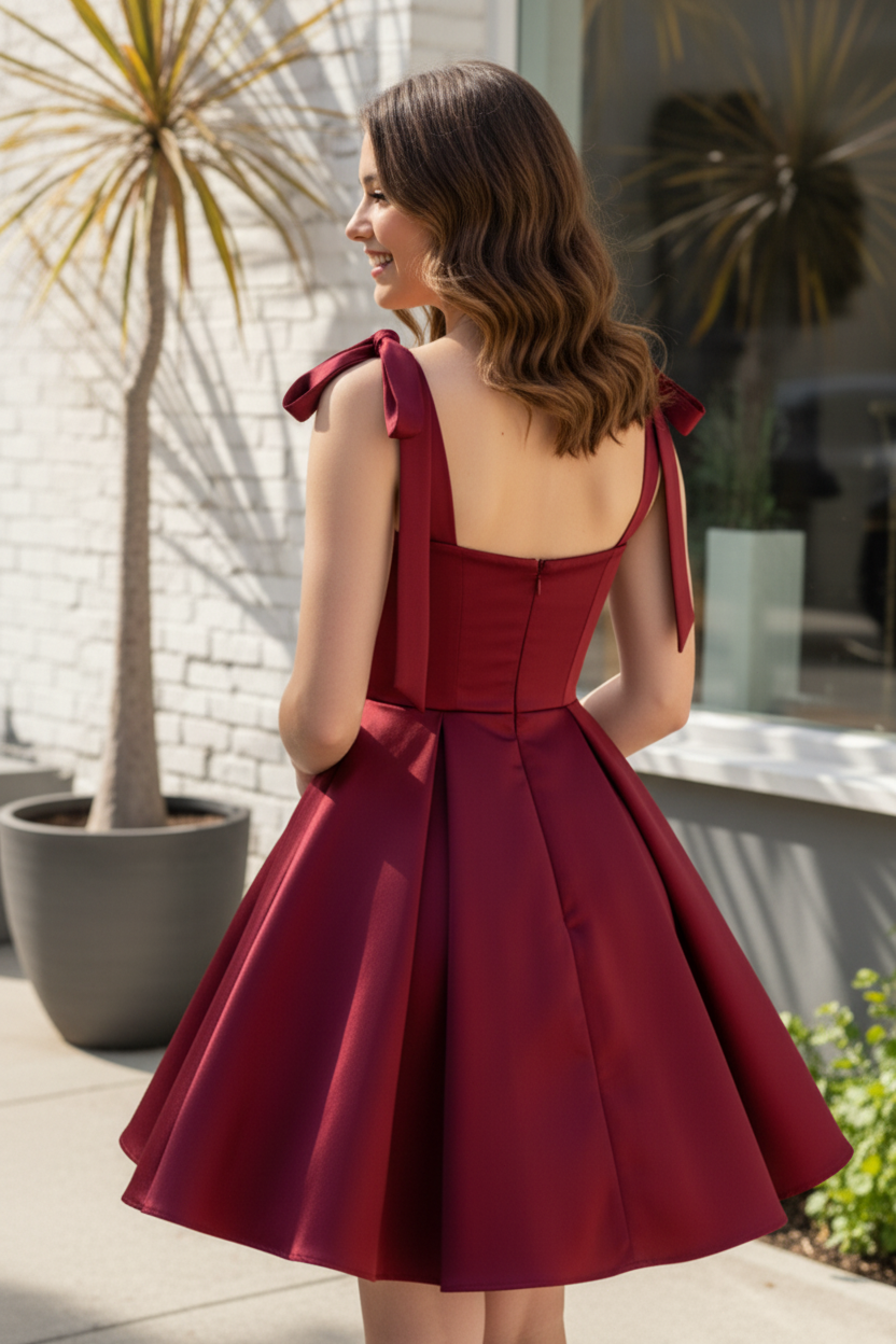 Tie-Strap Satin Homecoming Dress with Corset Bodice