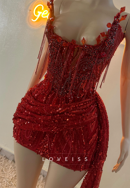 Beaded Corset Mini Dress with Draped Skirt