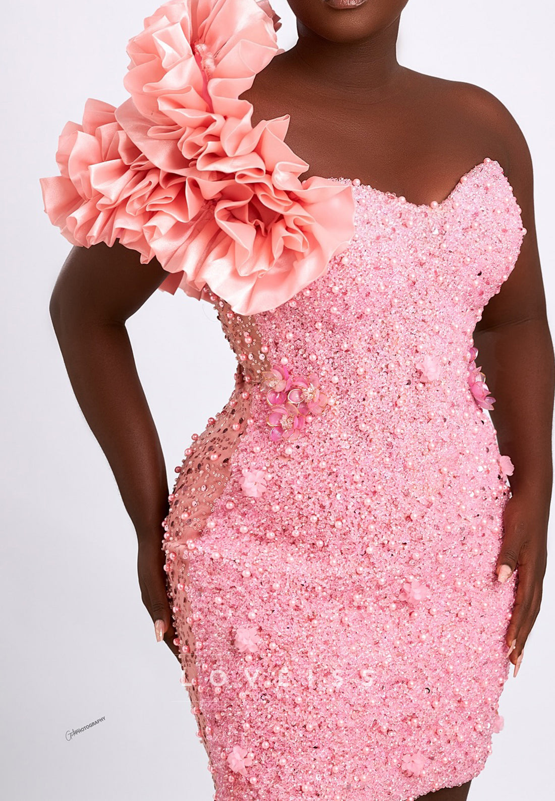 One-Shoulder Beaded Mini Dress with Shoulder Ruffle