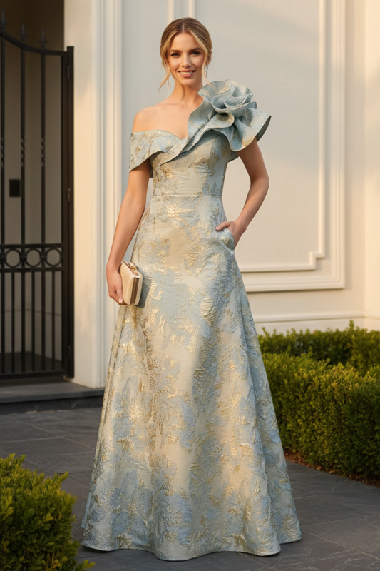 Off-Shoulder 3D Flower Jacquard A-Line Evening Gown