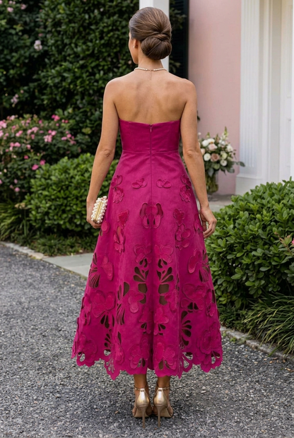 Strapless Floral Applique Cut-Out A-Line Midi Dress
