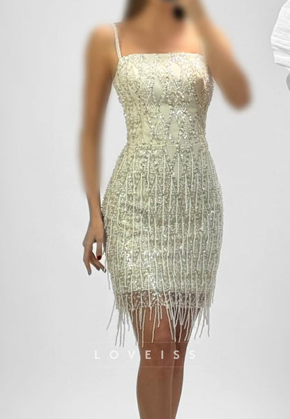 Sequin Pearl Fringe Spaghetti Strap Cocktail Dress