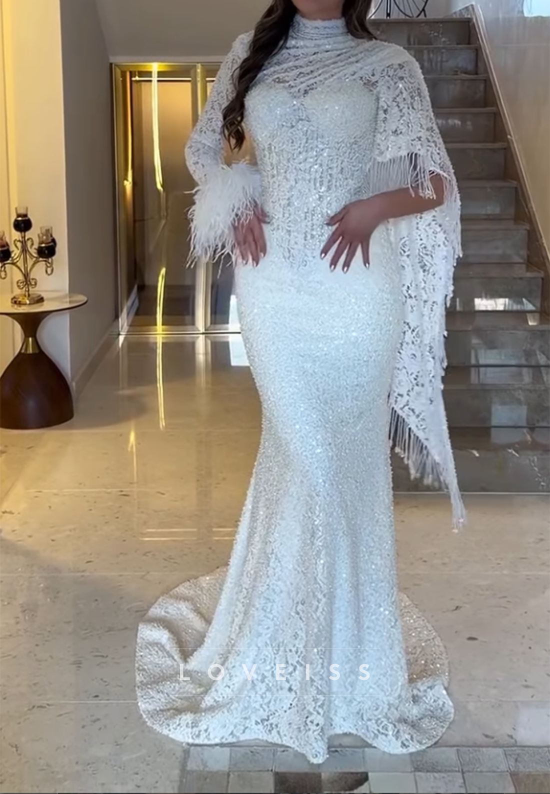 High Neck Lace Mermaid Wedding Dress with Cape