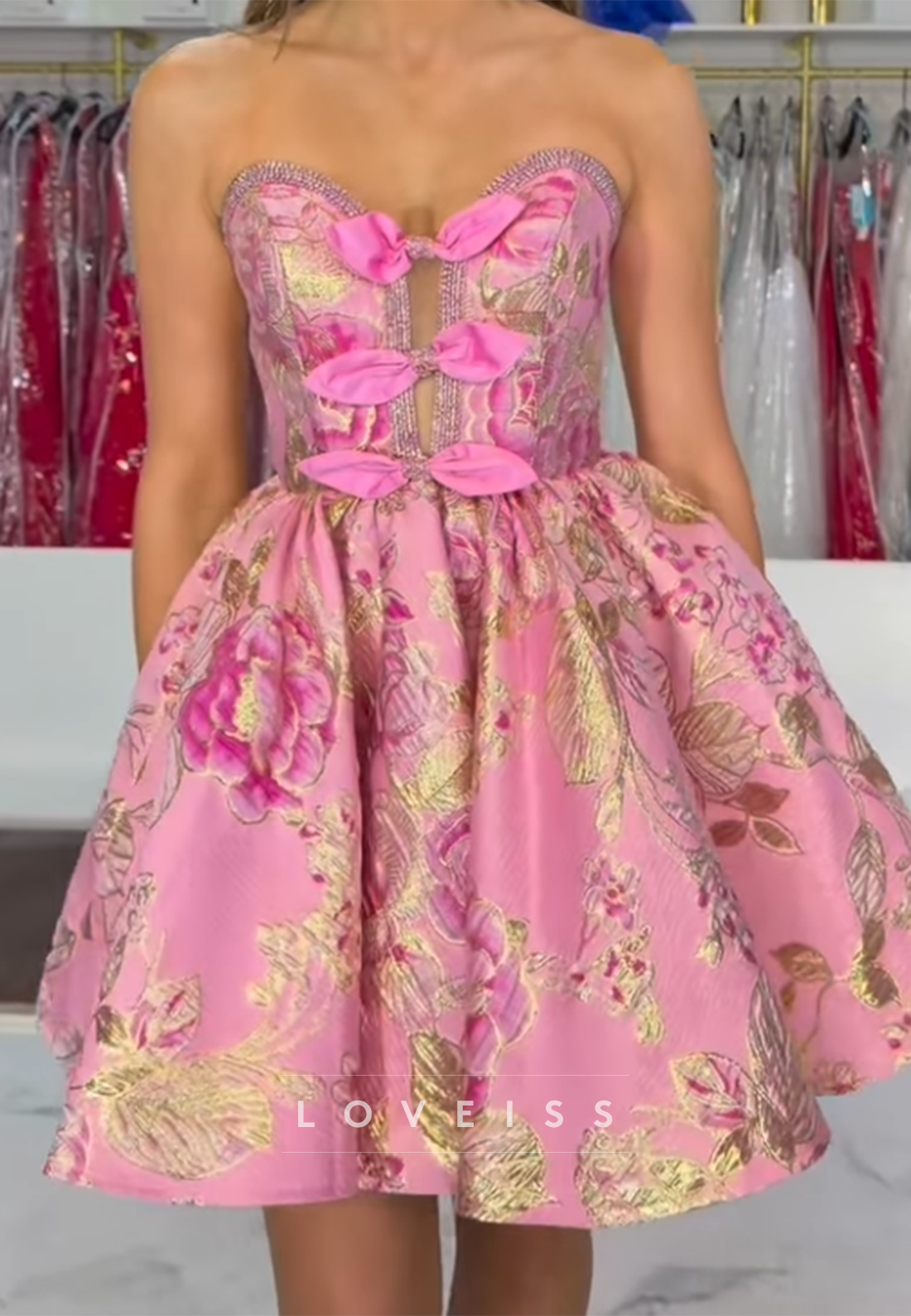 Strapless Floral Jacquard Mini Dress with Bows