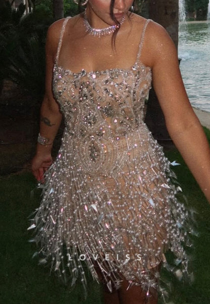 Crystal Embellished Pearl Fringe Mini Dress