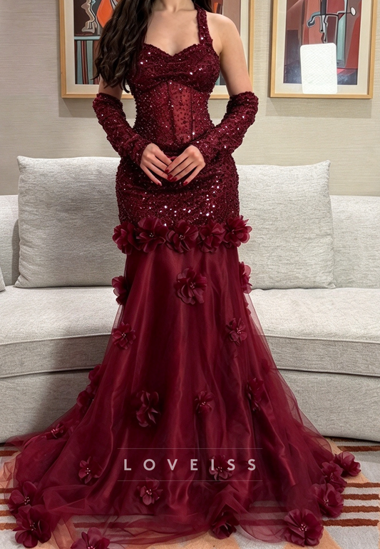 Halter Sequin Mermaid Gown with 3D Floral Skirt