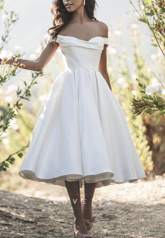 Off-the-Shoulder Tea-Length A-Line Wedding Dress