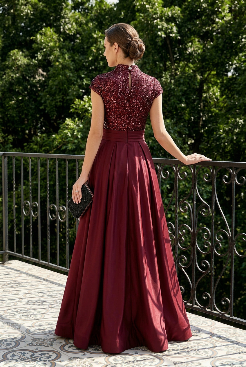 Sequin Mandarin Collar A-Line Evening Gown