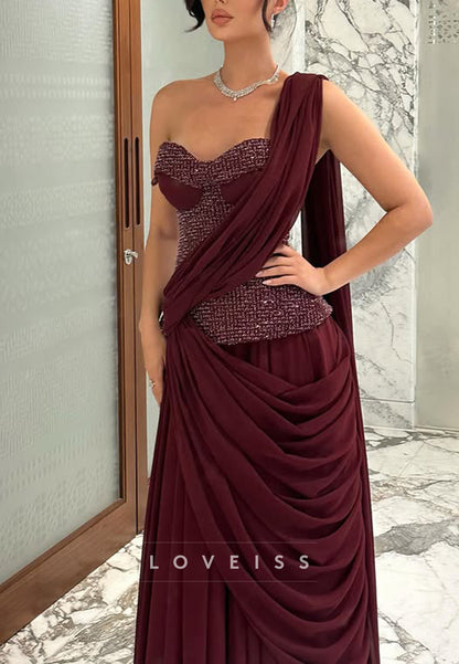 One-Shoulder Gown with Beaded Bodice and Draped Sash