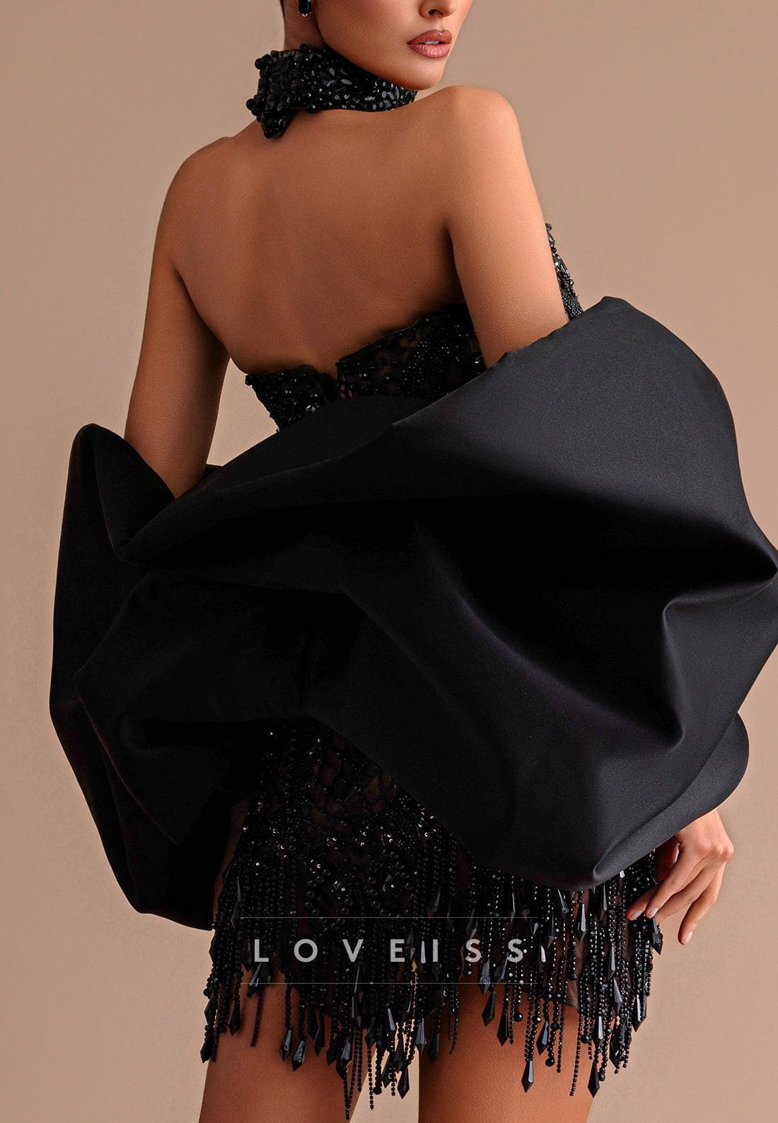 Beaded Mini Dress with Dramatic Satin Puff Sleeves
