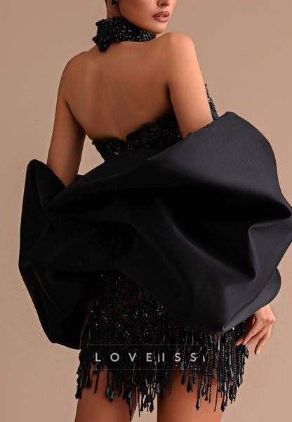 Beaded Mini Dress with Dramatic Satin Puff Sleeves