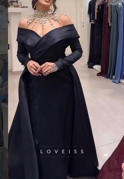Off-Shoulder Gown with Embellished Illusion Neck