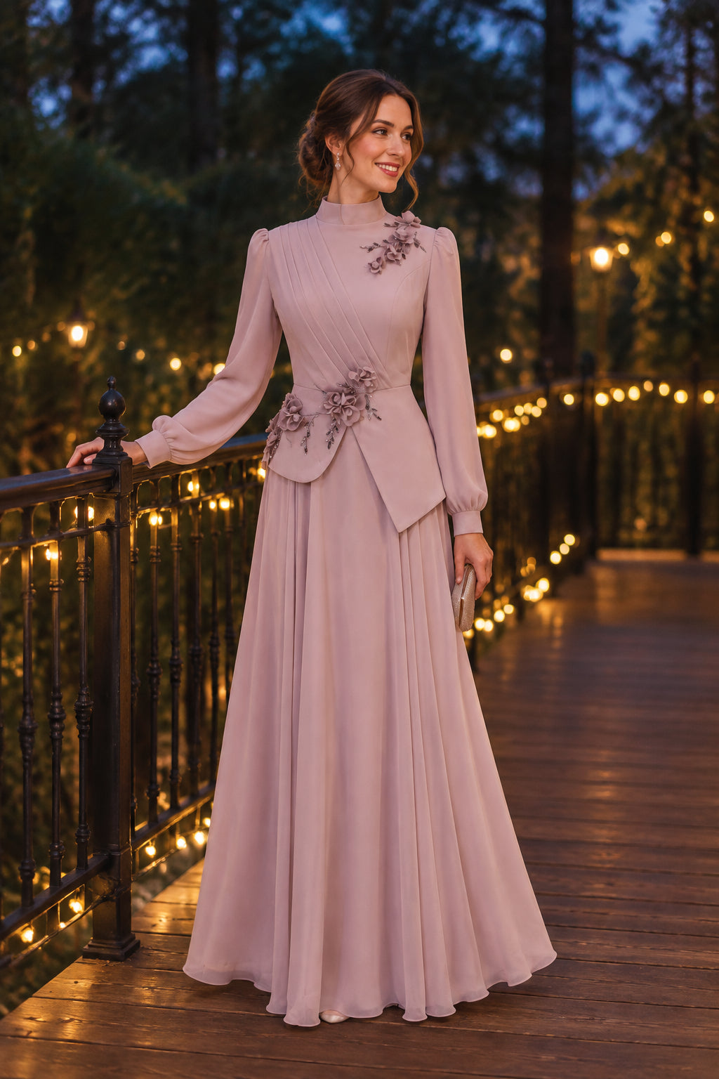 High Neck Maxi Evening Dress with Floral Accents