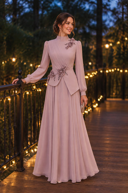 High Neck Maxi Evening Dress with Floral Accents