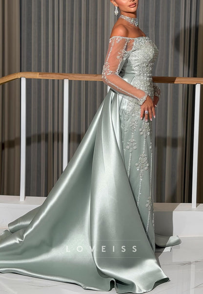 Beaded Sheath Gown with Train and Sheer Sleeves