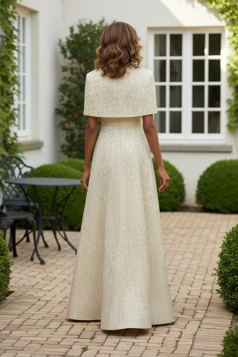Jacquard A-Line Evening Gown with Cape Overlay