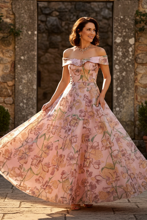 Off-the-Shoulder Floral A-Line Evening Gown