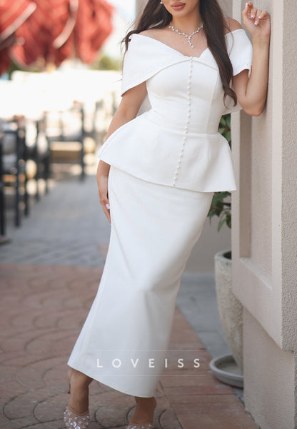 Off-Shoulder Peplum Wedding Dress with Pearl Buttons