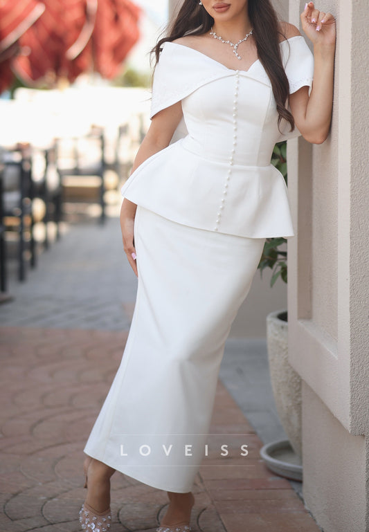 Off-Shoulder Peplum Wedding Dress with Pearl Buttons