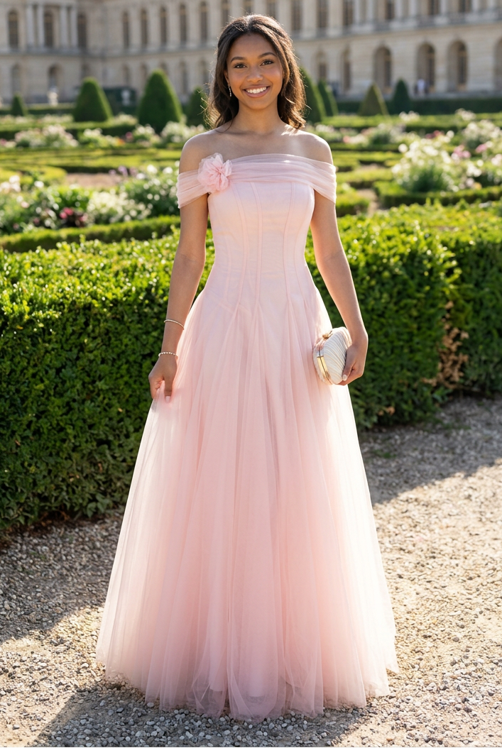 Off-Shoulder Tulle A-Line Evening Gown
