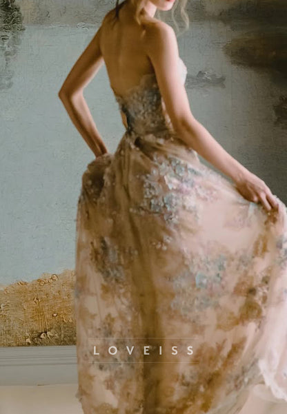 Strapless Floral Applique Tulle A-Line Gown