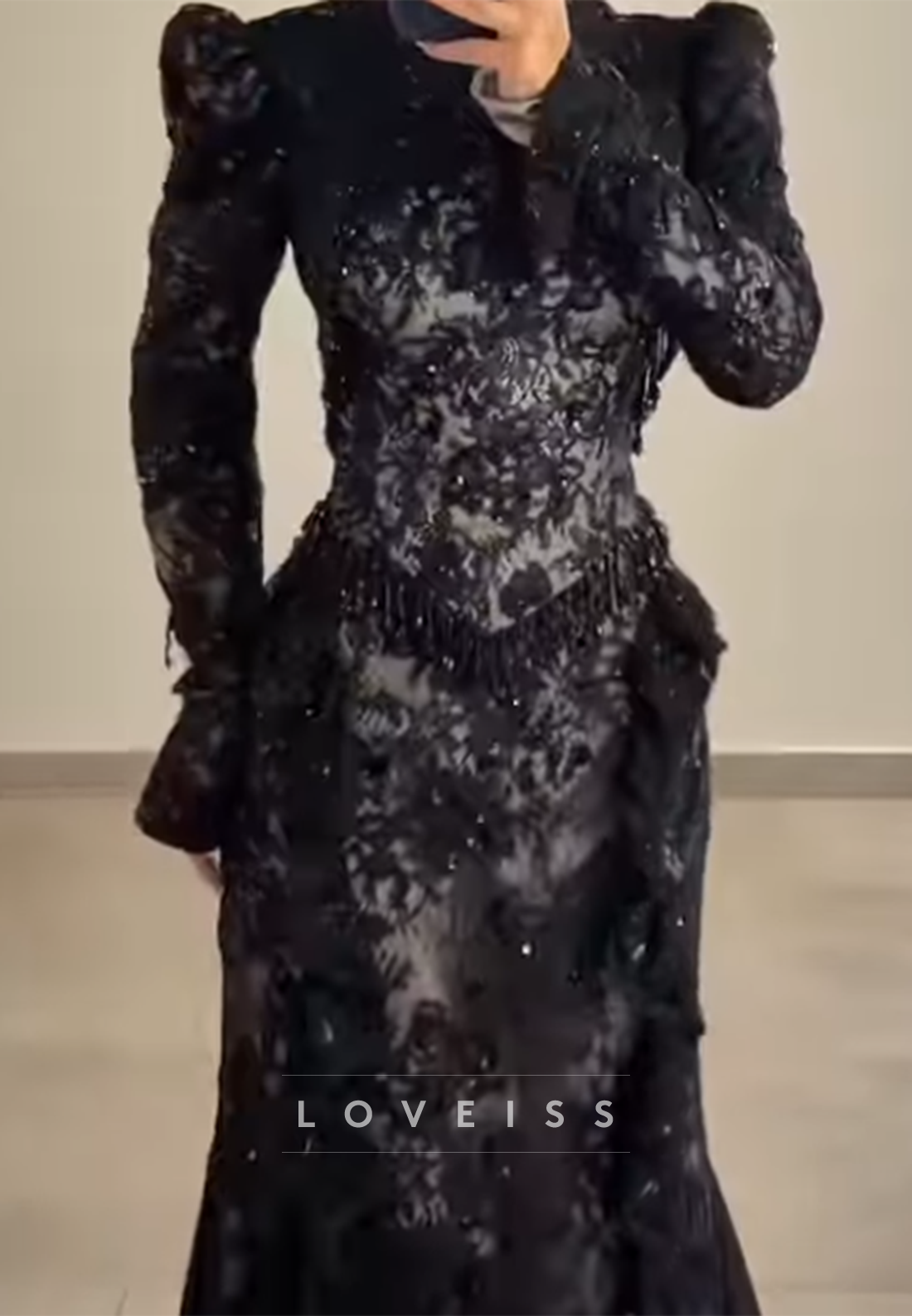 High Neck Lace Mermaid Evening Gown with Sleeves